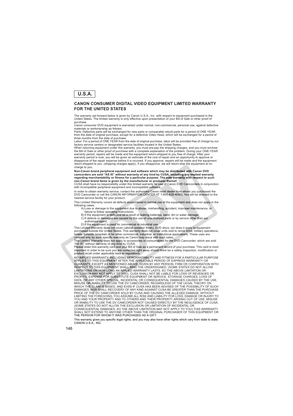 U.s.a | Canon DC20  EN User Manual | Page 146 / 148