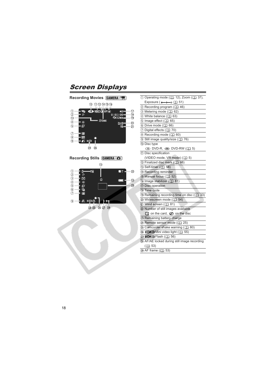 Screen displays | Canon DC20  EN User Manual | Page 18 / 148