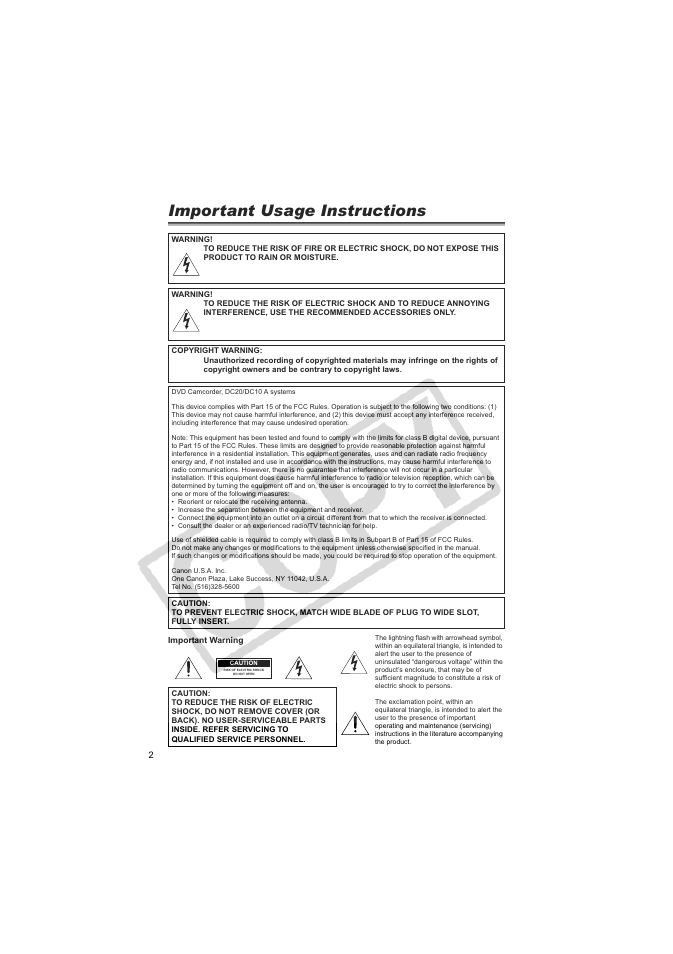 Psruwdqw8vdjh,qvwuxfwlrqv | Canon DC20  EN User Manual | Page 2 / 148