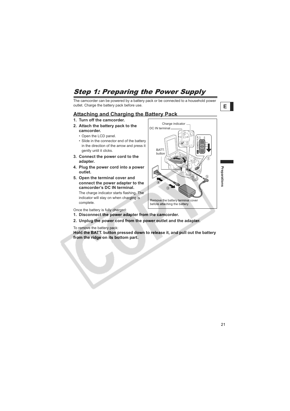 Step 1: preparing the power supply, Attaching and charging the battery pack | Canon DC20  EN User Manual | Page 21 / 148