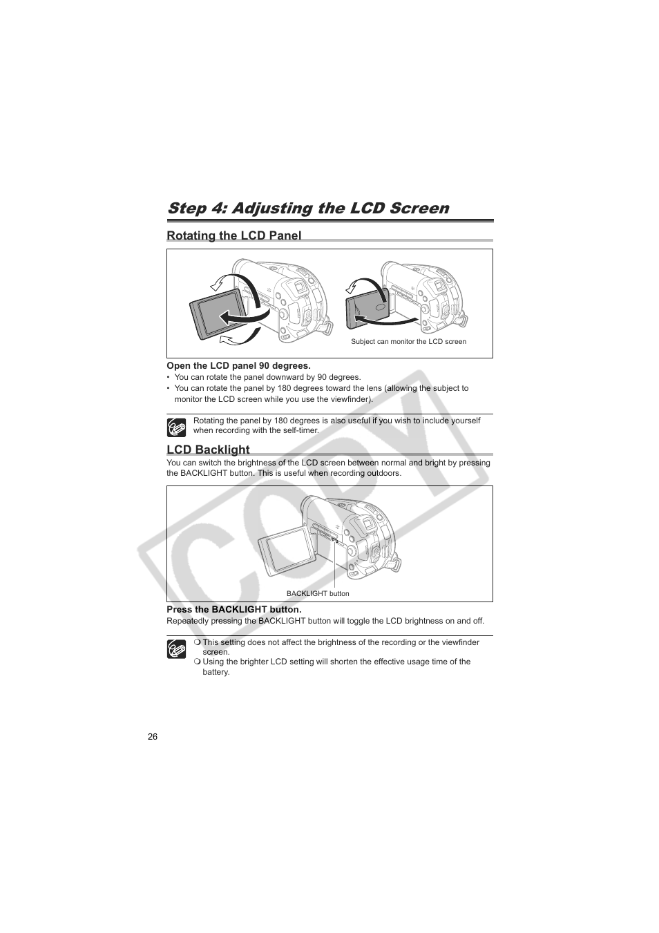 Step 4: adjusting the lcd screen, Rotating the lcd panel, Lcd backlight | Canon DC20  EN User Manual | Page 26 / 148