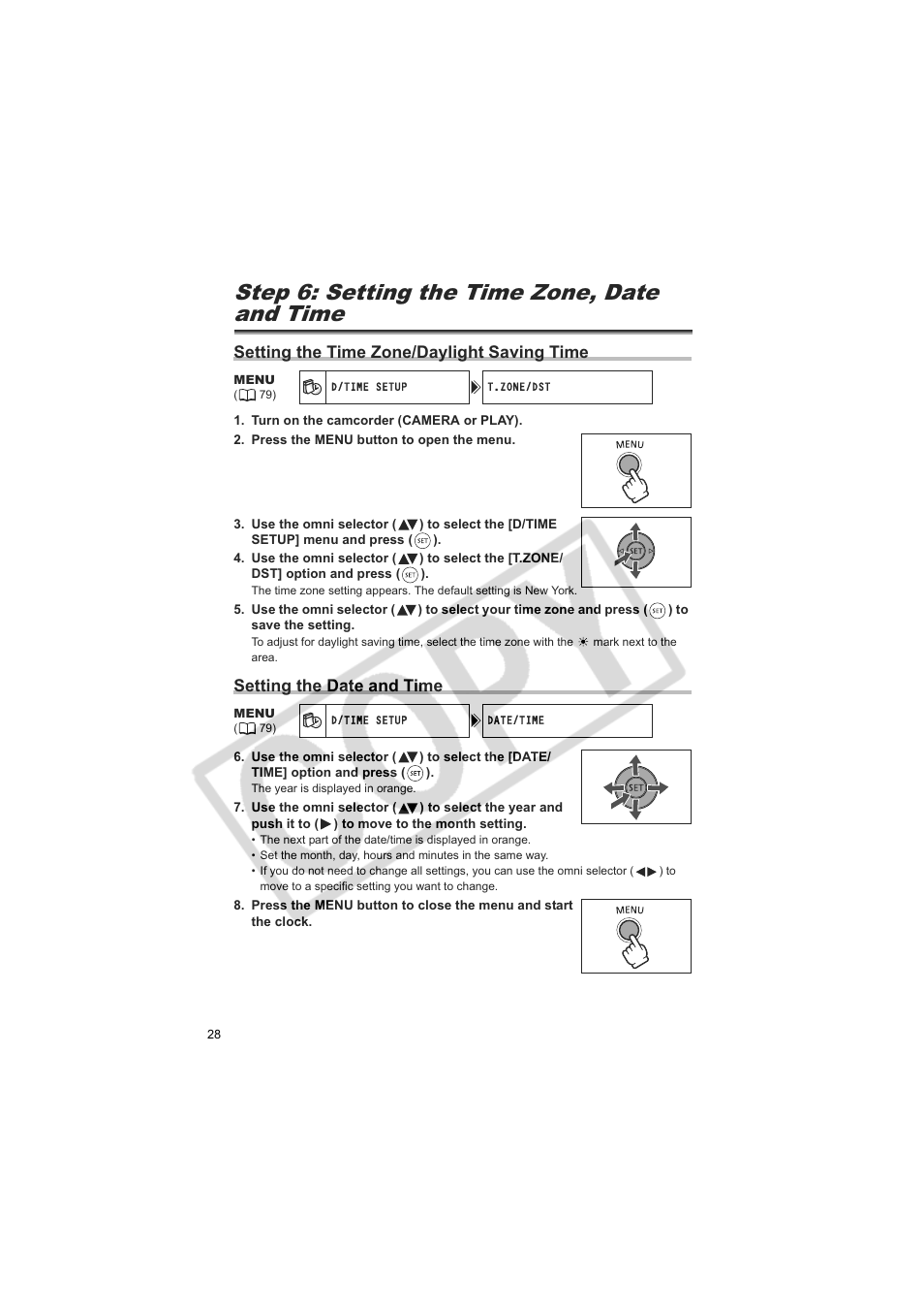 Step 6: setting the time zone, date and time, Setting the time zone/daylight saving time, Setting the date and time | Canon DC20  EN User Manual | Page 28 / 148