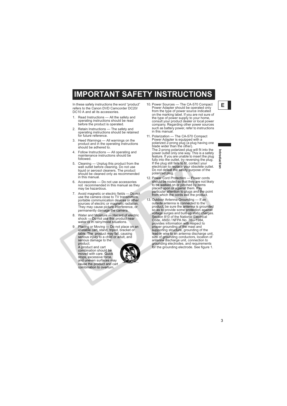 Important safety instructions | Canon DC20  EN User Manual | Page 3 / 148