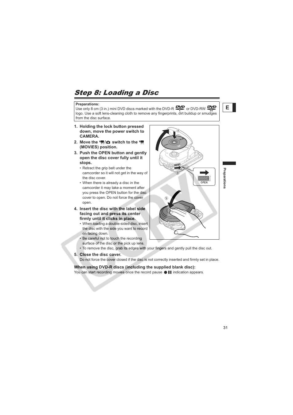 Step 8: loading a disc | Canon DC20  EN User Manual | Page 31 / 148
