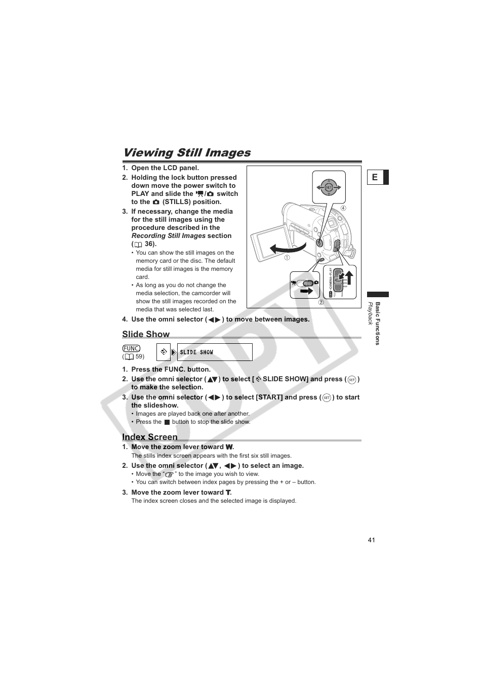 Viewing still images, Slide show, Index screen | Canon DC20  EN User Manual | Page 41 / 148
