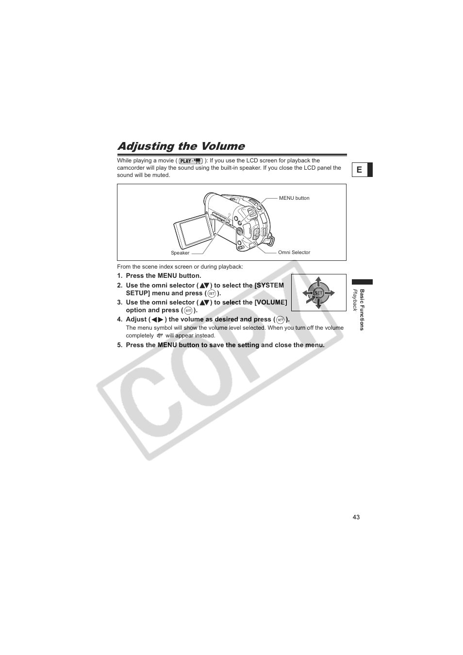Adjusting the volume | Canon DC20  EN User Manual | Page 43 / 148