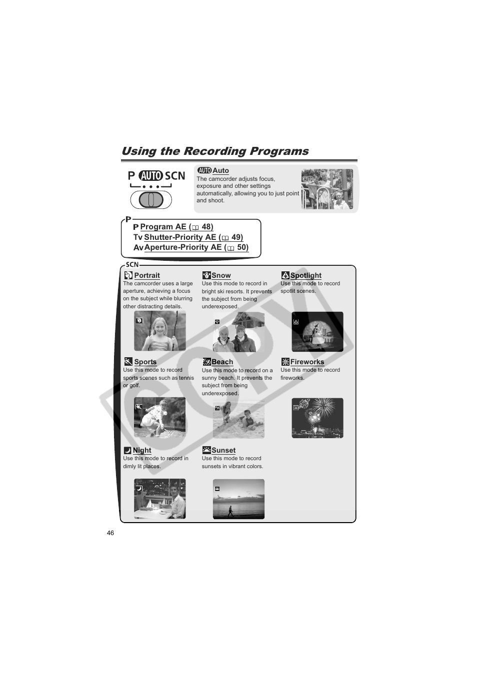 Using the recording programs | Canon DC20  EN User Manual | Page 46 / 148