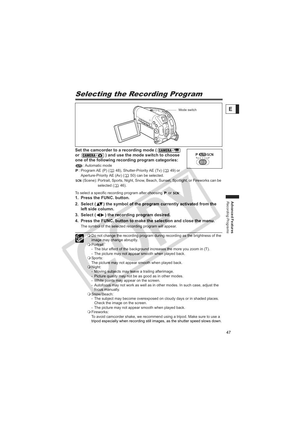 Selecting the recording program | Canon DC20  EN User Manual | Page 47 / 148