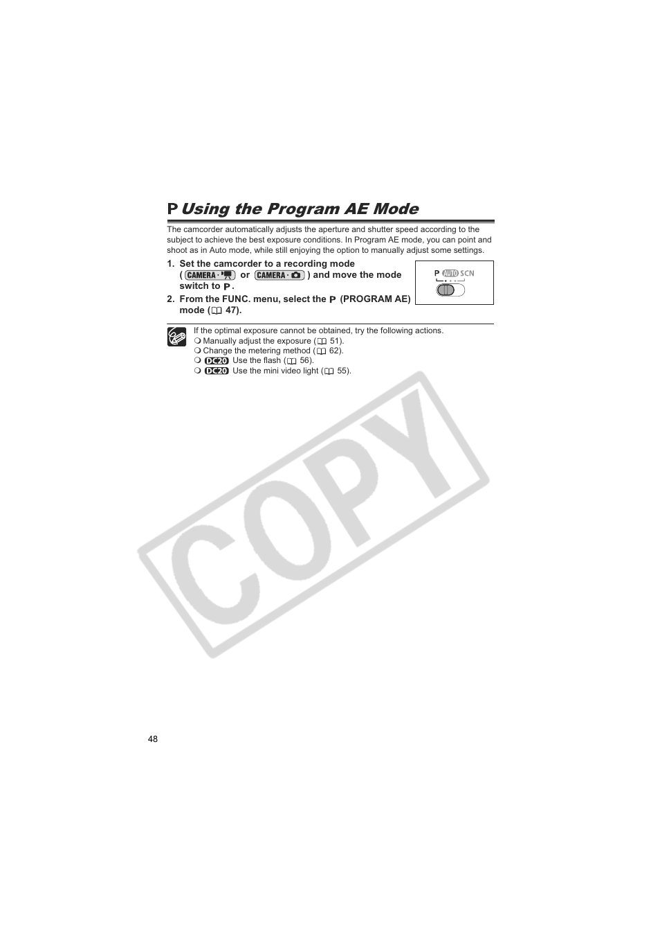 Using the program ae mode | Canon DC20  EN User Manual | Page 48 / 148