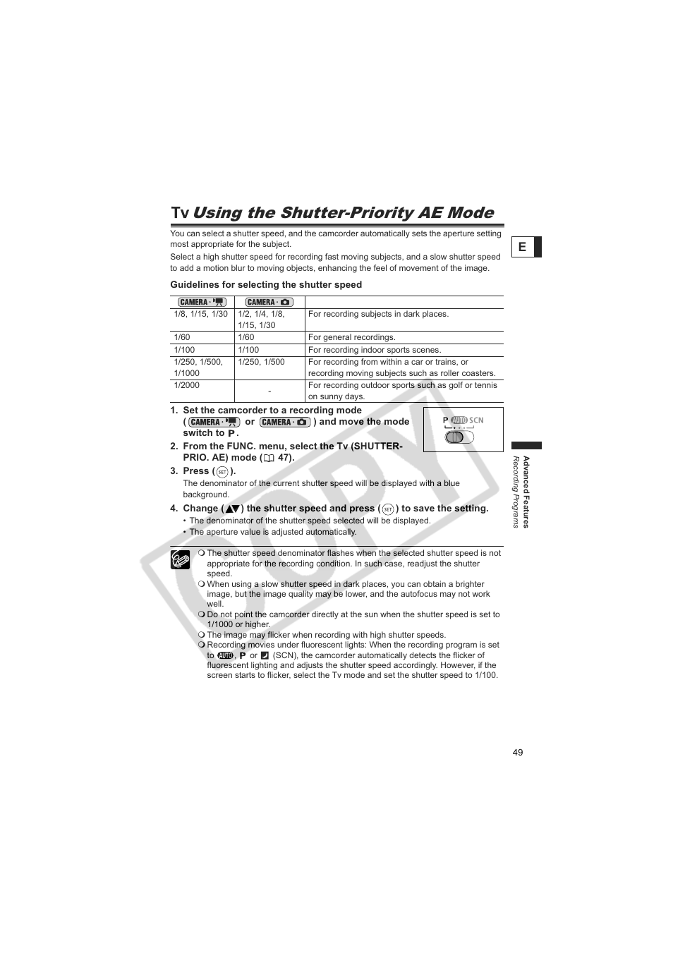 Using the shutter-priority ae mode | Canon DC20  EN User Manual | Page 49 / 148