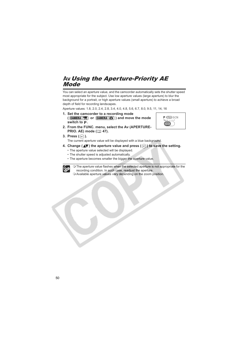 Using the aperture-priority ae mode | Canon DC20  EN User Manual | Page 50 / 148