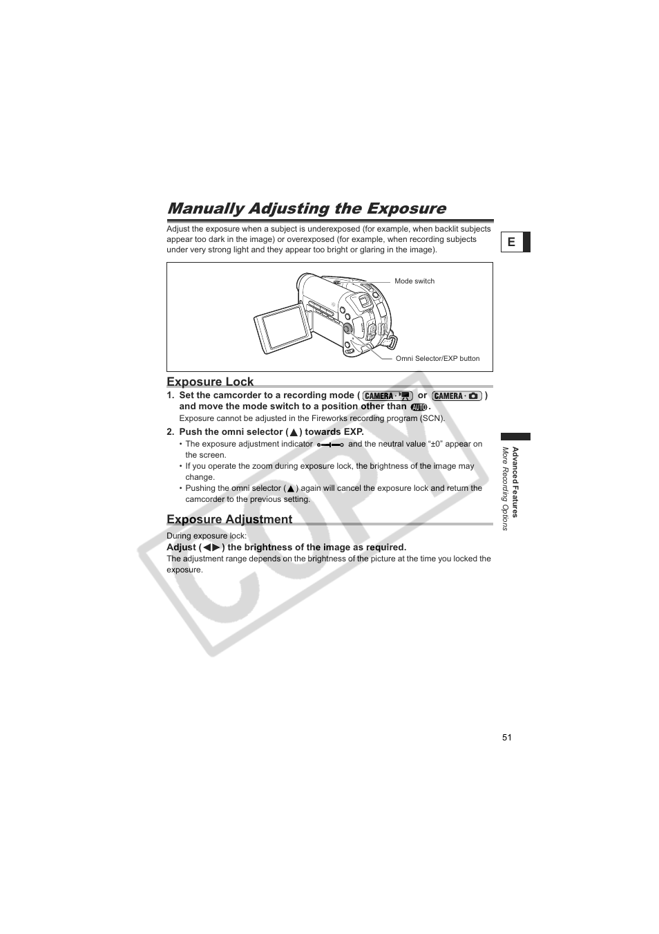 Manually adjusting the exposure, Exposure lock, Exposure adjustment | Canon DC20  EN User Manual | Page 51 / 148