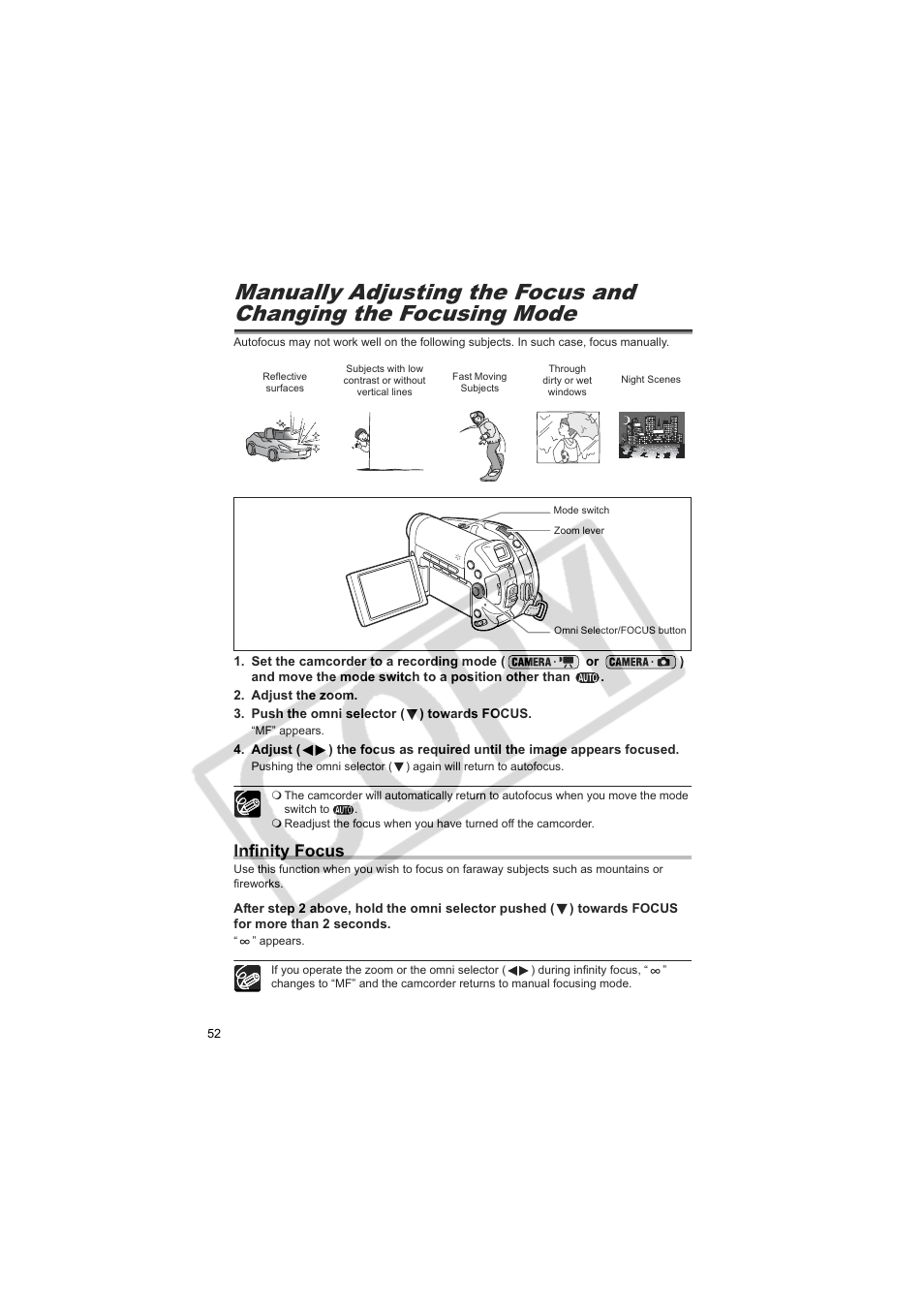 Infinity focus | Canon DC20  EN User Manual | Page 52 / 148