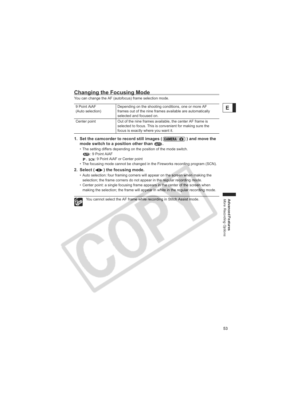 Echanging the focusing mode | Canon DC20  EN User Manual | Page 53 / 148