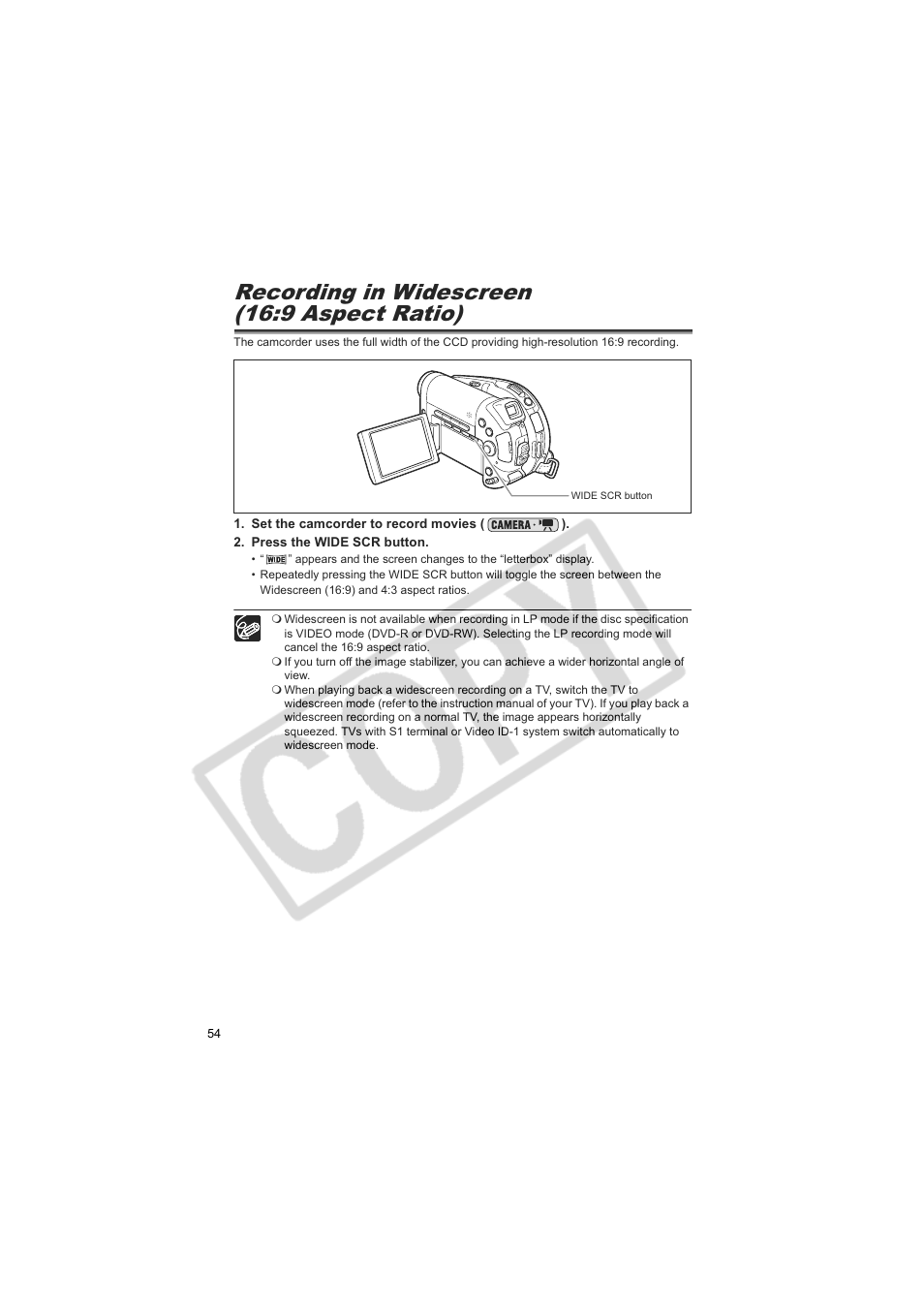 Recording in widescreen (16:9 aspect ratio) | Canon DC20  EN User Manual | Page 54 / 148