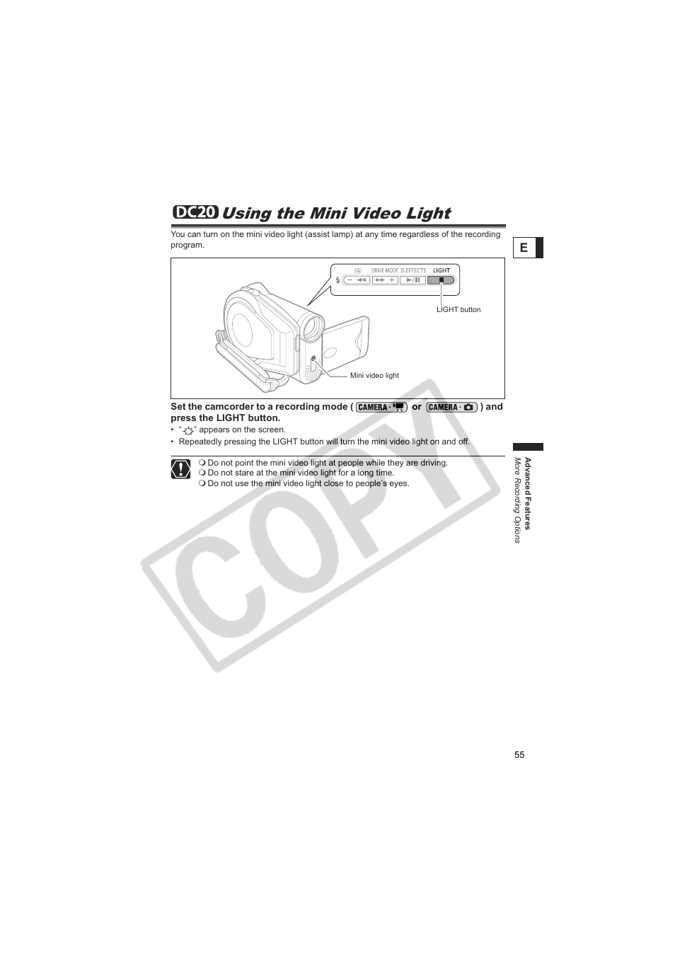 Using the mini video light | Canon DC20  EN User Manual | Page 55 / 148