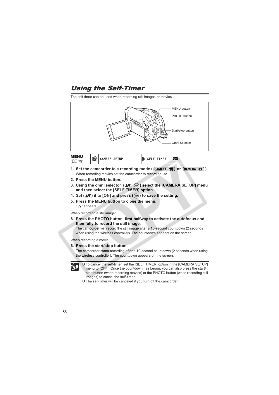 Using the self-timer | Canon DC20  EN User Manual | Page 58 / 148