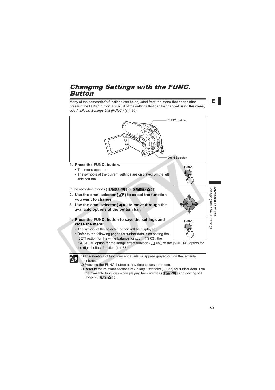 Changing settings with the func. button | Canon DC20  EN User Manual | Page 59 / 148