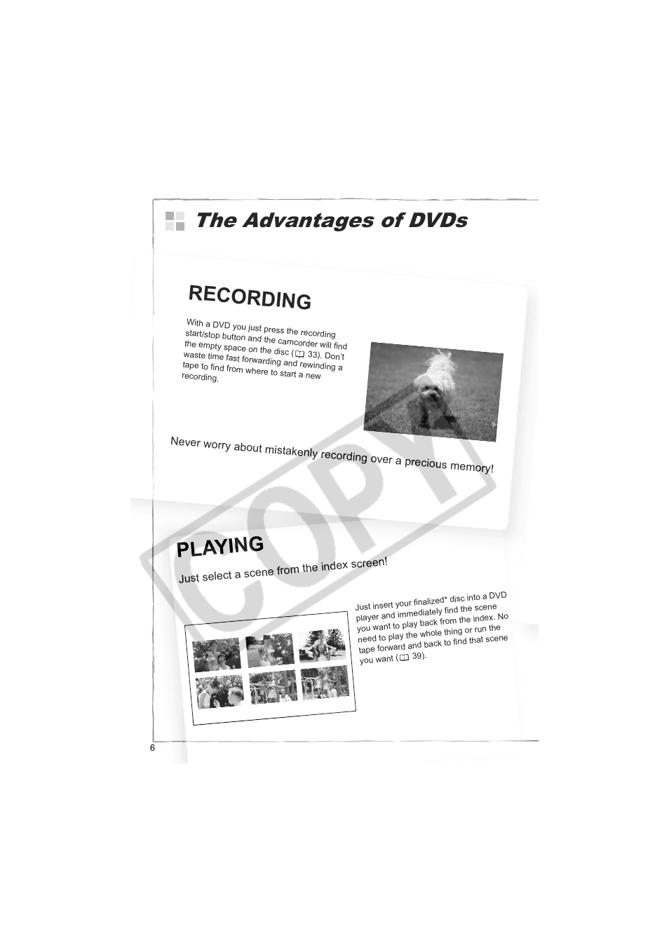 The advantages of dvds, Recording, Playing | Canon DC20  EN User Manual | Page 6 / 148