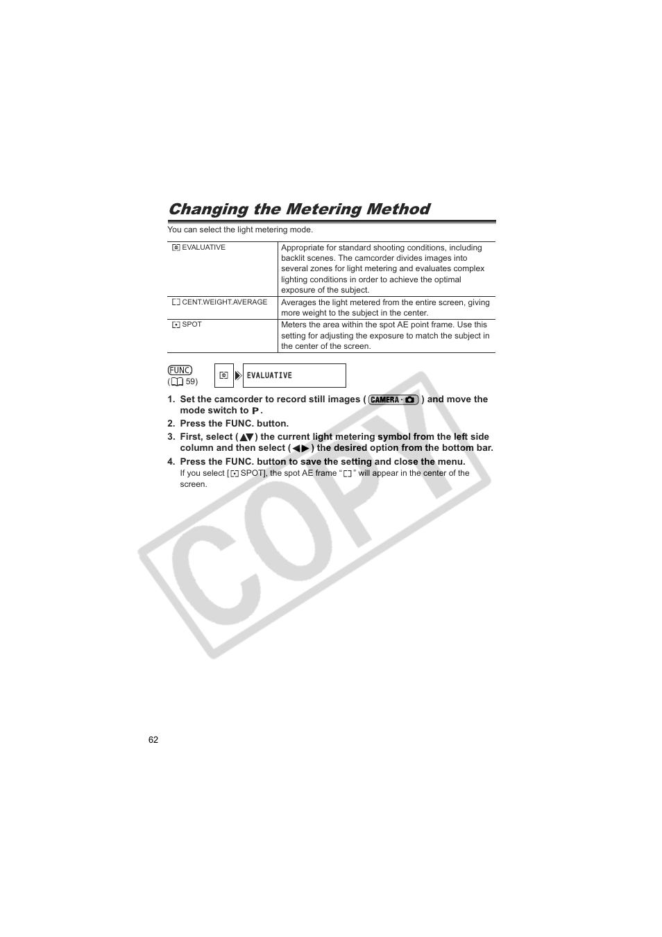 Changing the metering method | Canon DC20  EN User Manual | Page 62 / 148