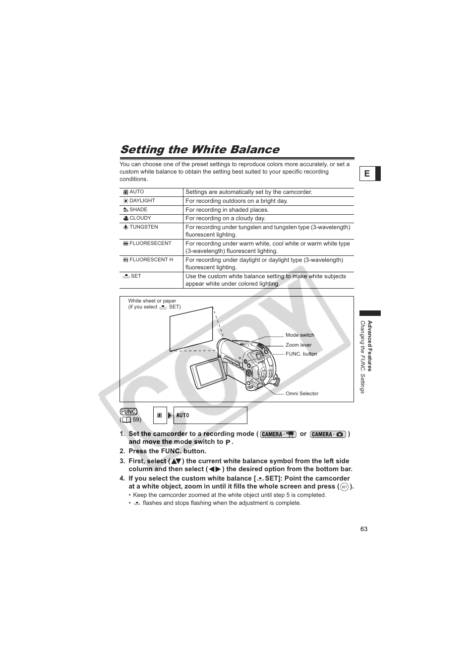 Setting the white balance | Canon DC20  EN User Manual | Page 63 / 148