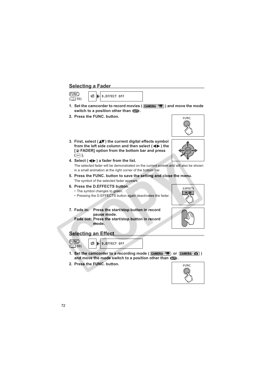 Selecting a fader, Selecting an effect | Canon DC20  EN User Manual | Page 72 / 148