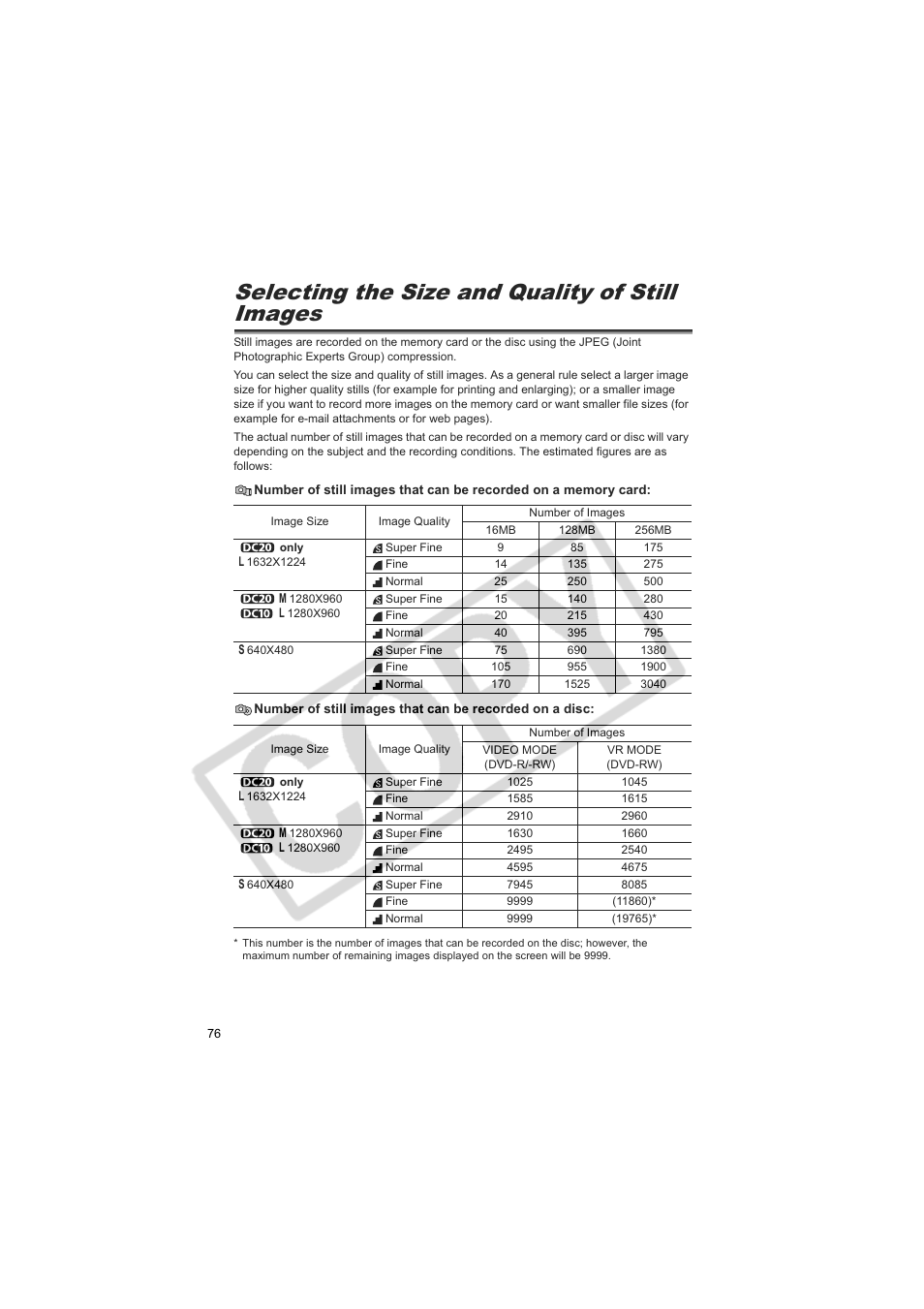 Selecting the size and quality of still images | Canon DC20  EN User Manual | Page 76 / 148