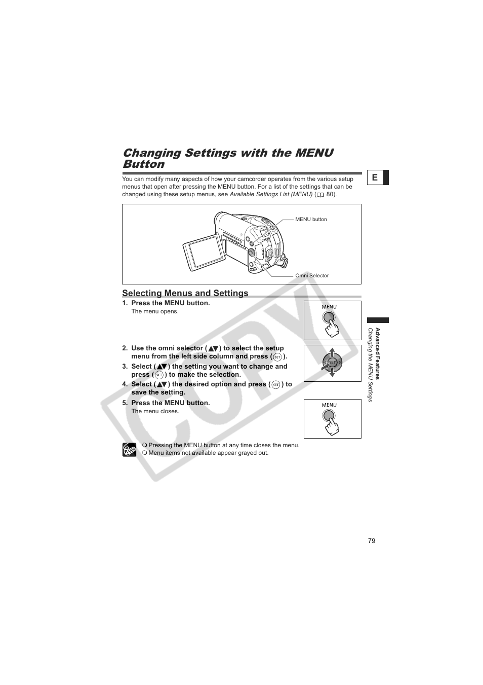 Changing settings with the menu button, Selecting menus and settings | Canon DC20  EN User Manual | Page 79 / 148