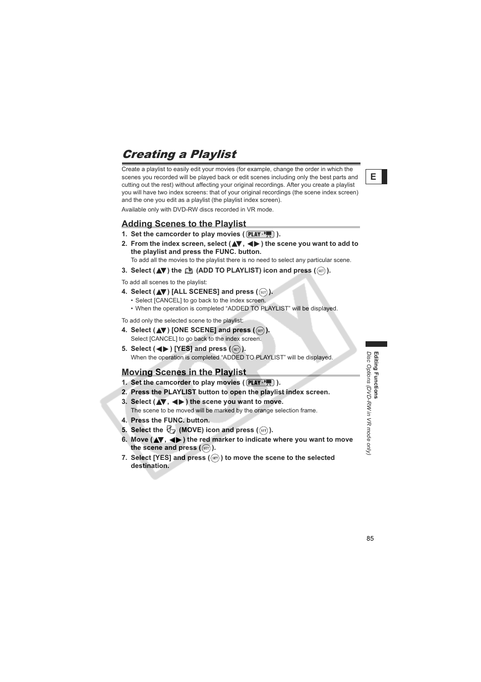 Creating a playlist, Adding scenes to the playlist, Moving scenes in the playlist | Canon DC20  EN User Manual | Page 85 / 148