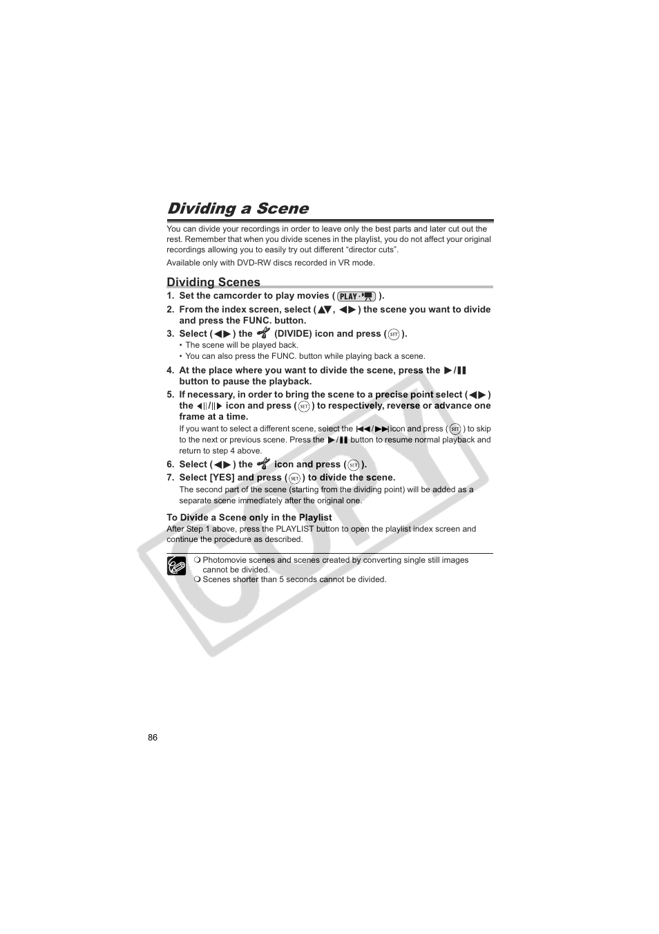 Dividing a scene, Dividing scenes | Canon DC20  EN User Manual | Page 86 / 148