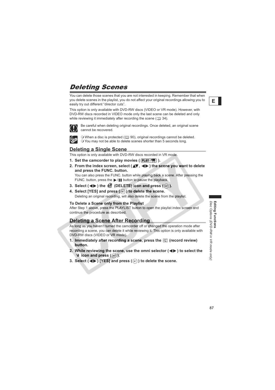 Deleting scenes, Deleting a single scene, Deleting a scene after recording | Canon DC20  EN User Manual | Page 87 / 148