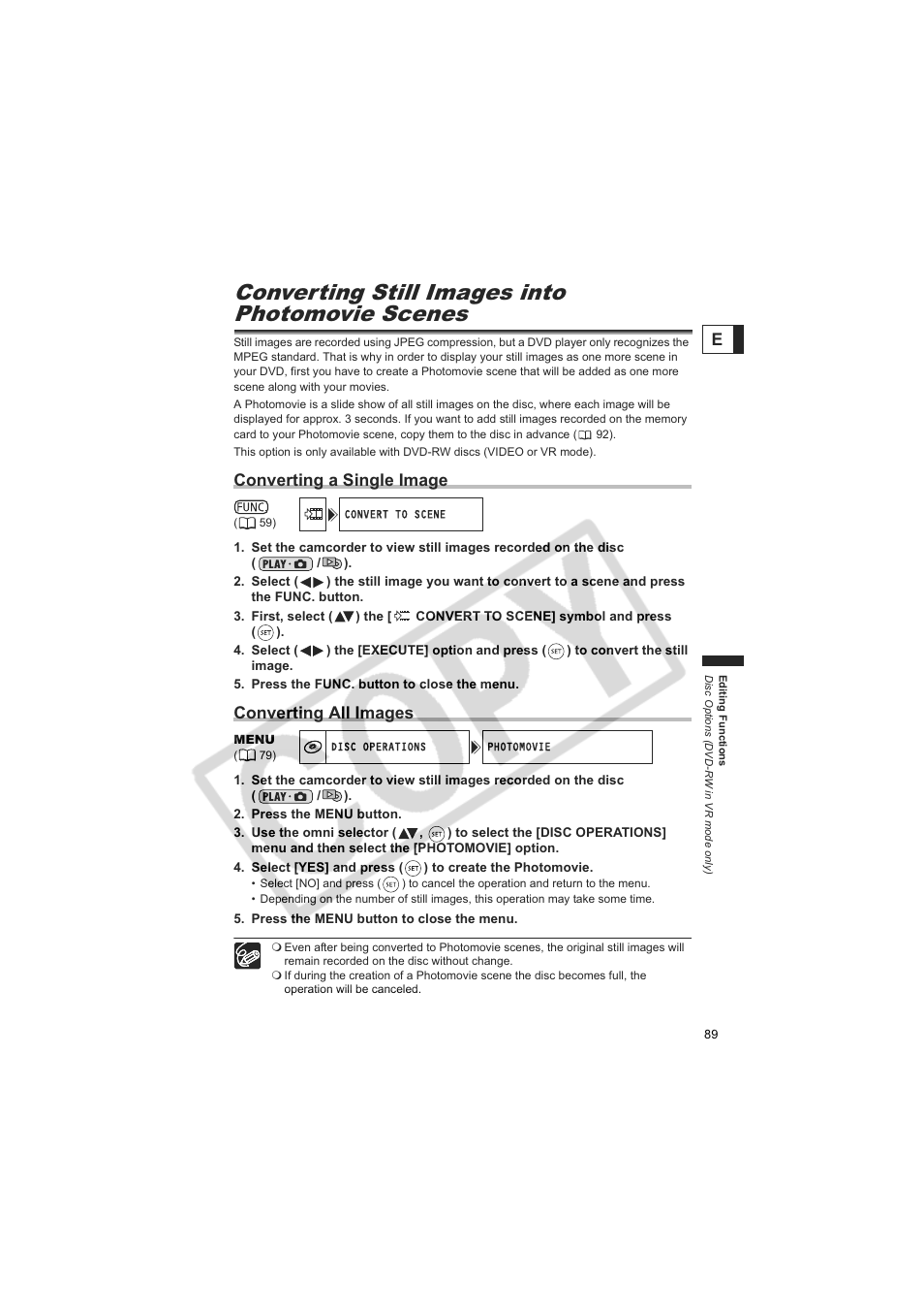 Converting still images into photomovie scenes, Converting a single image, Converting all images | Canon DC20  EN User Manual | Page 89 / 148
