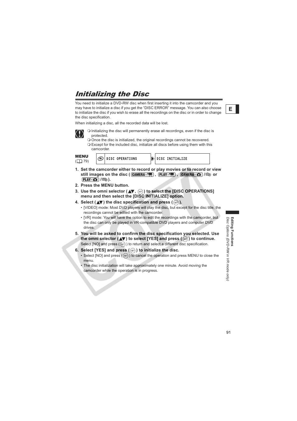 Initializing the disc | Canon DC20  EN User Manual | Page 91 / 148