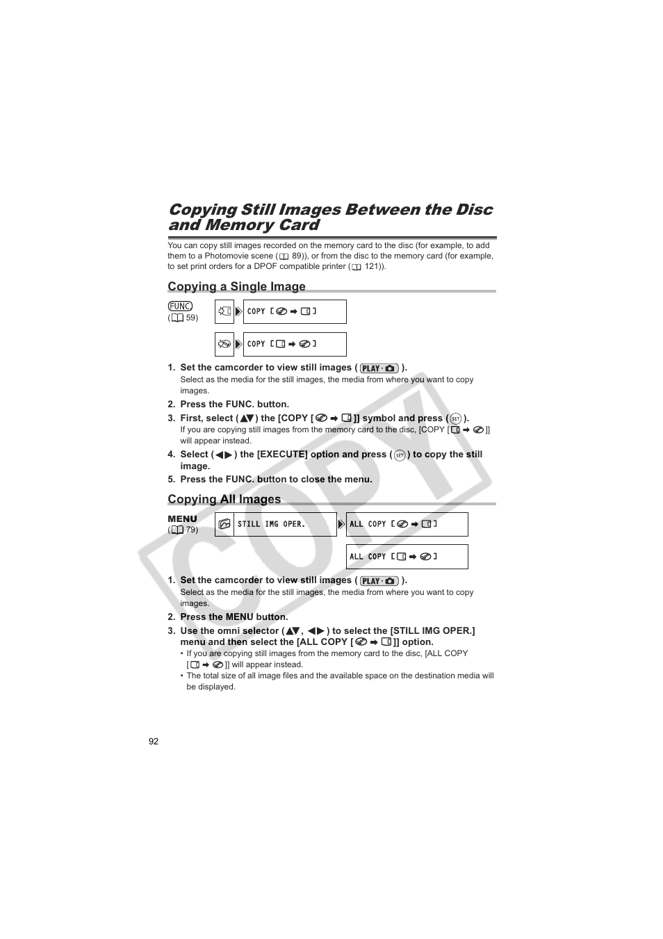 Copying a single image, Copying all images | Canon DC20  EN User Manual | Page 92 / 148