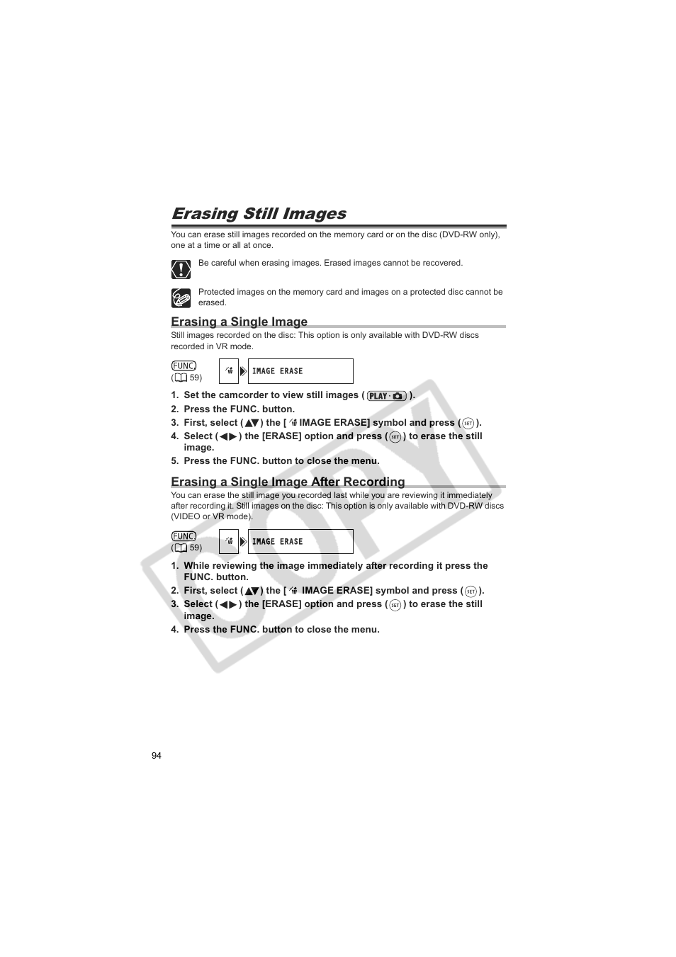 Erasing still images, Erasing a single image, Erasing a single image after recording | Canon DC20  EN User Manual | Page 94 / 148