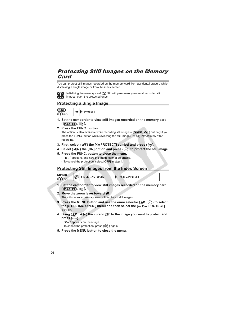 Protecting a single image, Protecting still images from the index screen | Canon DC20  EN User Manual | Page 96 / 148