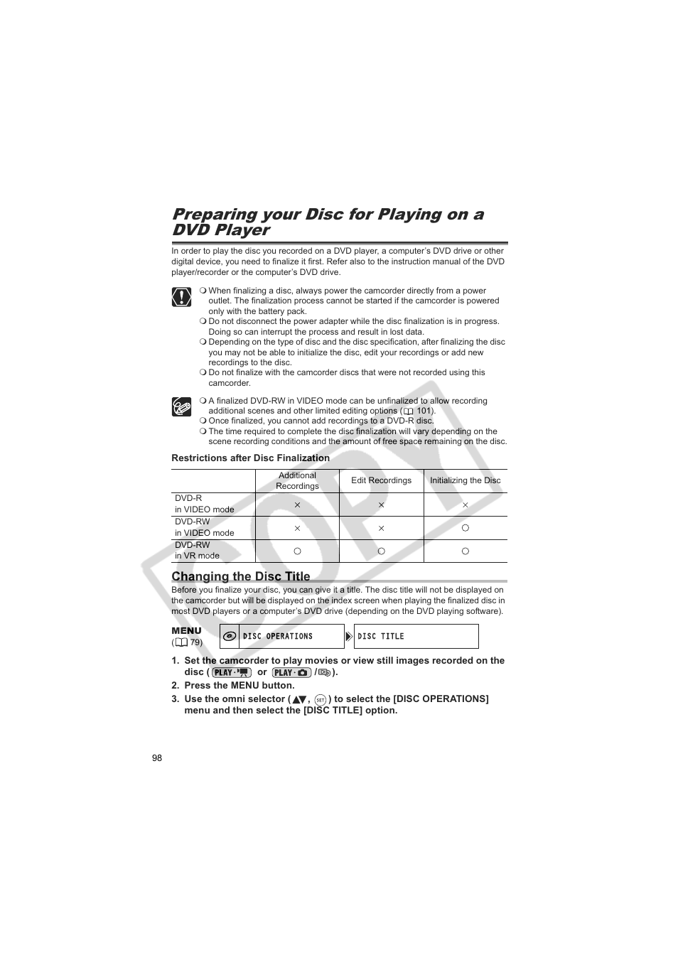Preparing your disc for playing on a dvd player, Changing the disc title | Canon DC20  EN User Manual | Page 98 / 148