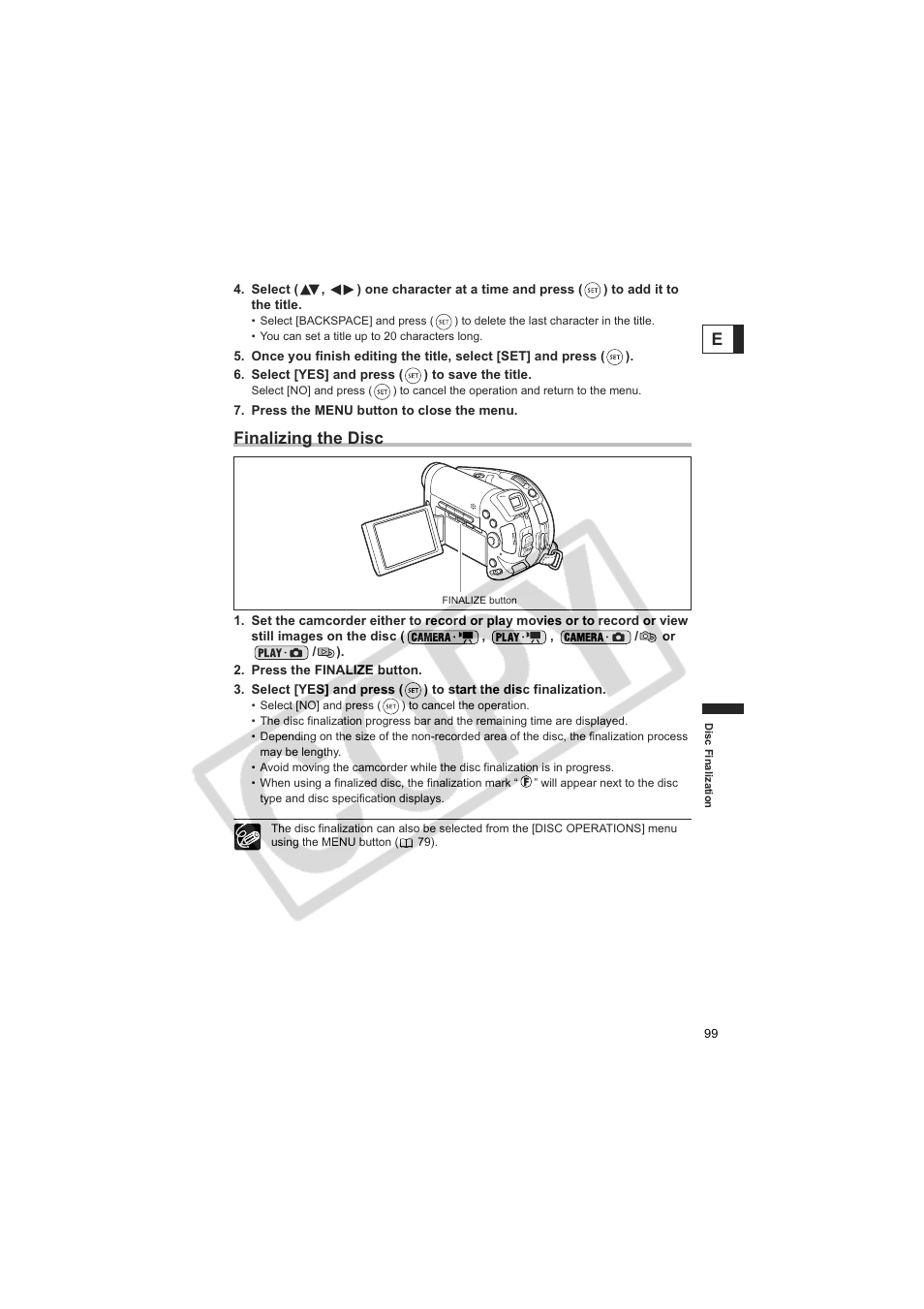 Finalizing the disc | Canon DC20  EN User Manual | Page 99 / 148