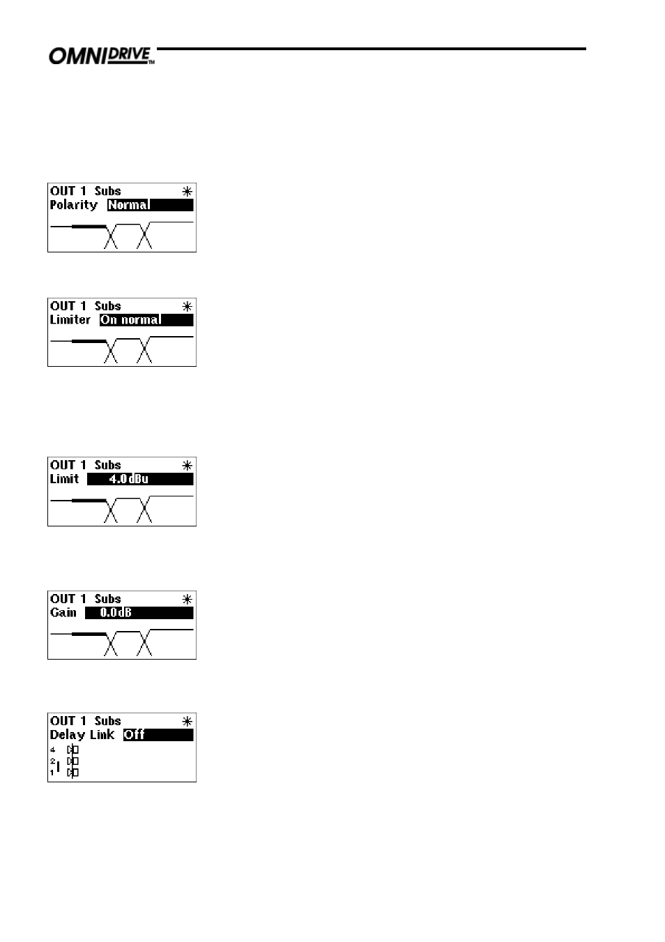 Polarity, Limiter, Limiter threshold | Band gain, Delay link | BSS Audio FDS-355 OMNIDRIVE Owner's Manual User Manual | Page 28 / 52