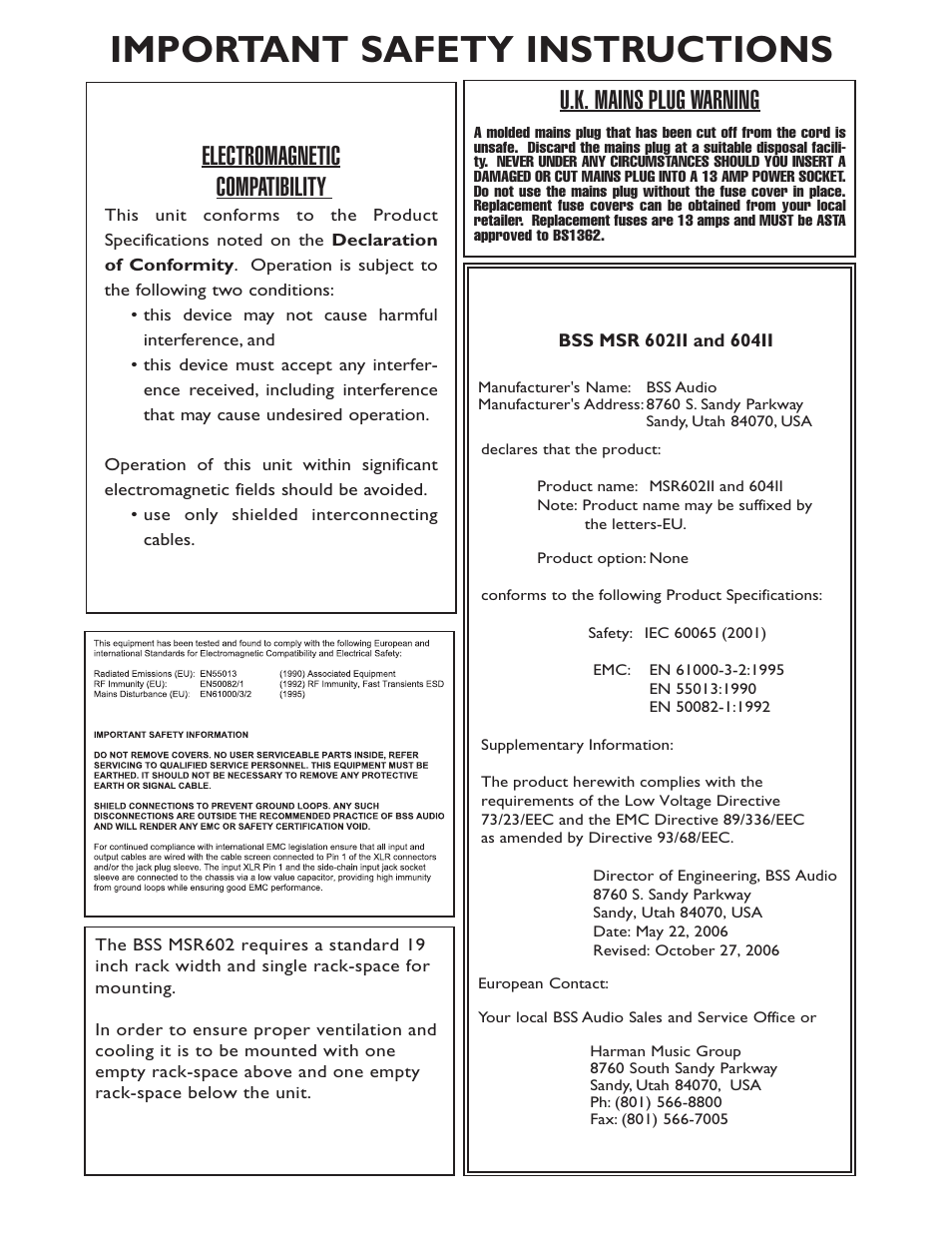 Important safety instructions, U.k. mains plug warning, Electromagnetic compatibility | BSS Audio MSR-602/604II Owner's Manual User Manual | Page 3 / 38