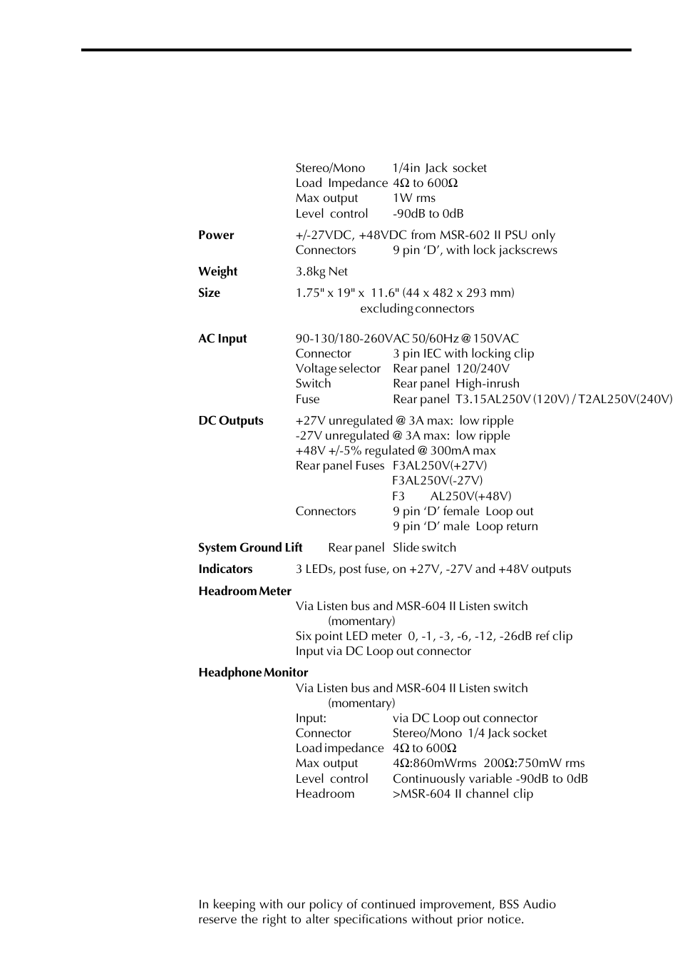 Technical specifications msr-602 ii | BSS Audio MSR-602/604II Owner's Manual User Manual | Page 33 / 38