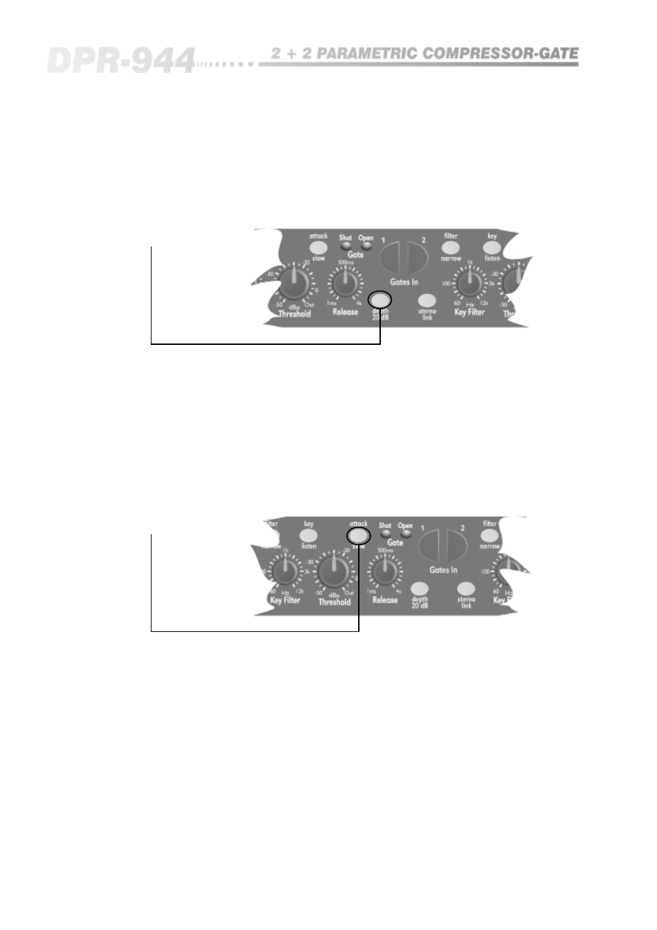 6 depth 20db, 7 attack slow, Control operations - gate | BSS Audio OPAL Series DPR-944 Owner's Manual User Manual | Page 14 / 42