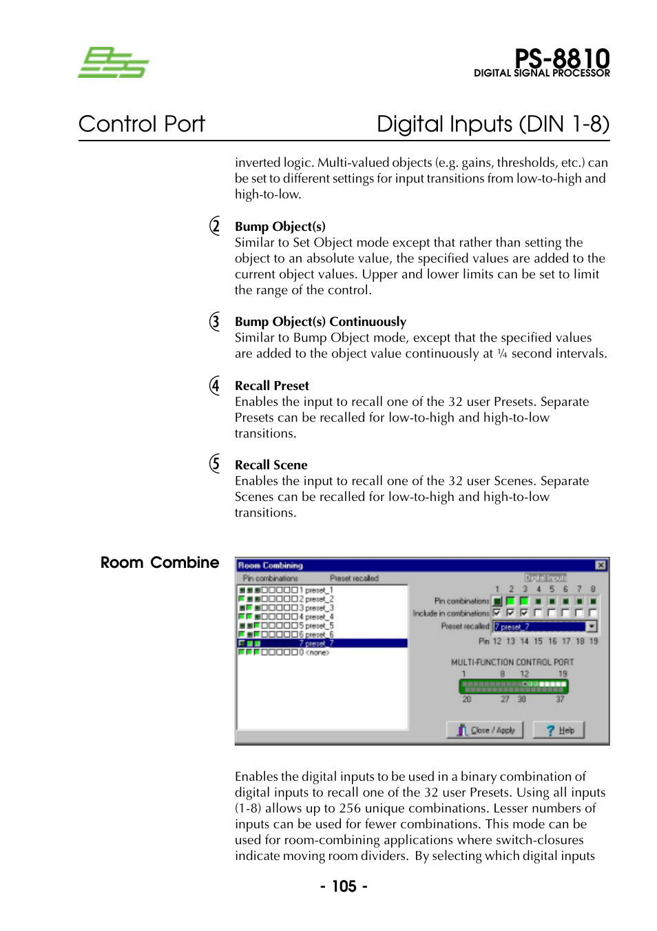 Room combine, Bump object(s), Bump object(s) continuously | Recall preset, Recall scene, Ps-8810, Control port digital inputs (din 1-8) | BSS Audio Prosys PS-8810 Owner's Manual User Manual | Page 105 / 121