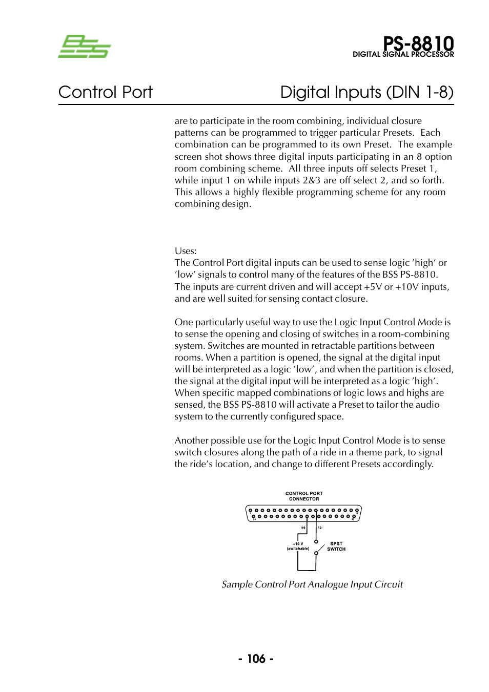 Ps-8810, Control port digital inputs (din 1-8) | BSS Audio Prosys PS-8810 Owner's Manual User Manual | Page 106 / 121