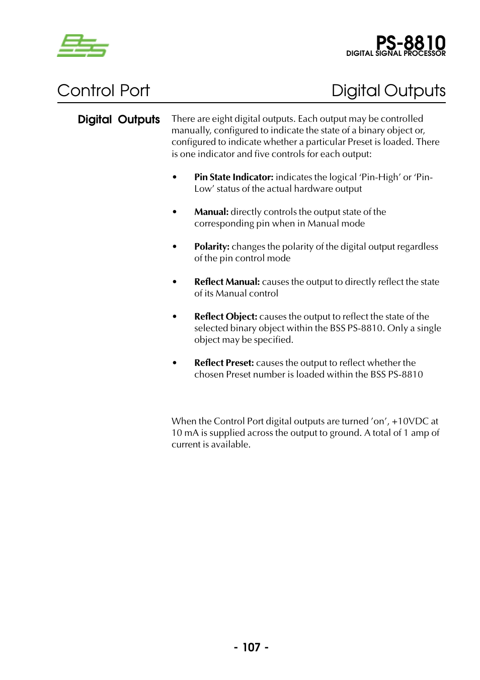 Digital outputs, Ps-8810, Control port digital outputs | BSS Audio Prosys PS-8810 Owner's Manual User Manual | Page 107 / 121