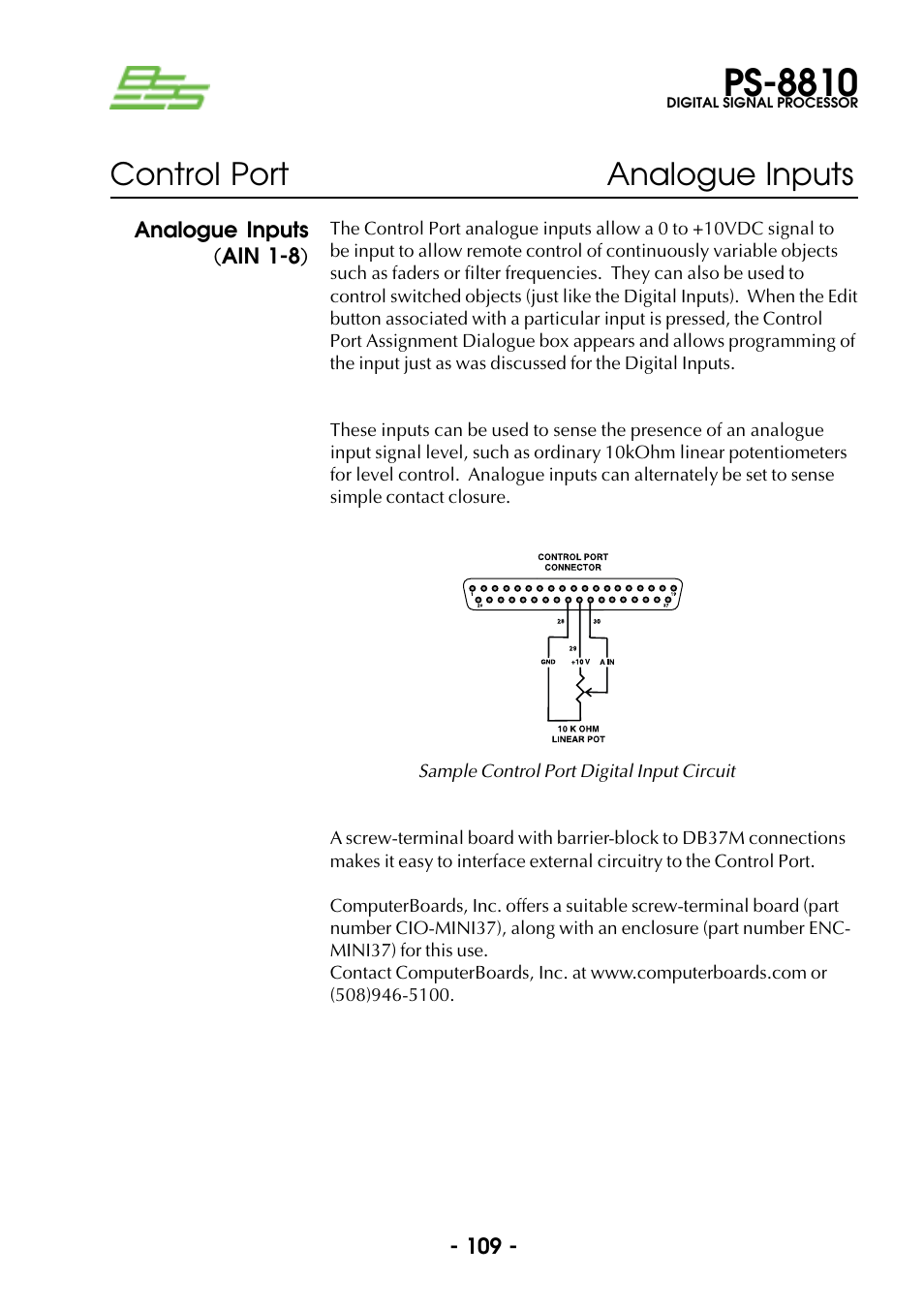 Analogue inputs (ain 1-8), Ps-8810, Control port analogue inputs | BSS Audio Prosys PS-8810 Owner's Manual User Manual | Page 109 / 121