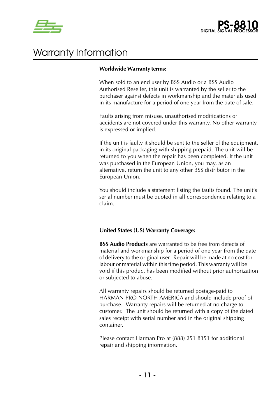 Ps-8810, Warranty information | BSS Audio Prosys PS-8810 Owner's Manual User Manual | Page 11 / 121