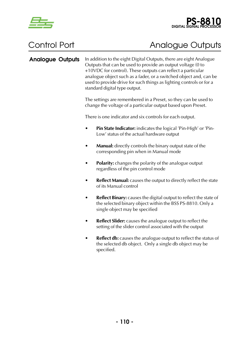 Analogue outputs, Ps-8810, Control port analogue outputs | BSS Audio Prosys PS-8810 Owner's Manual User Manual | Page 110 / 121