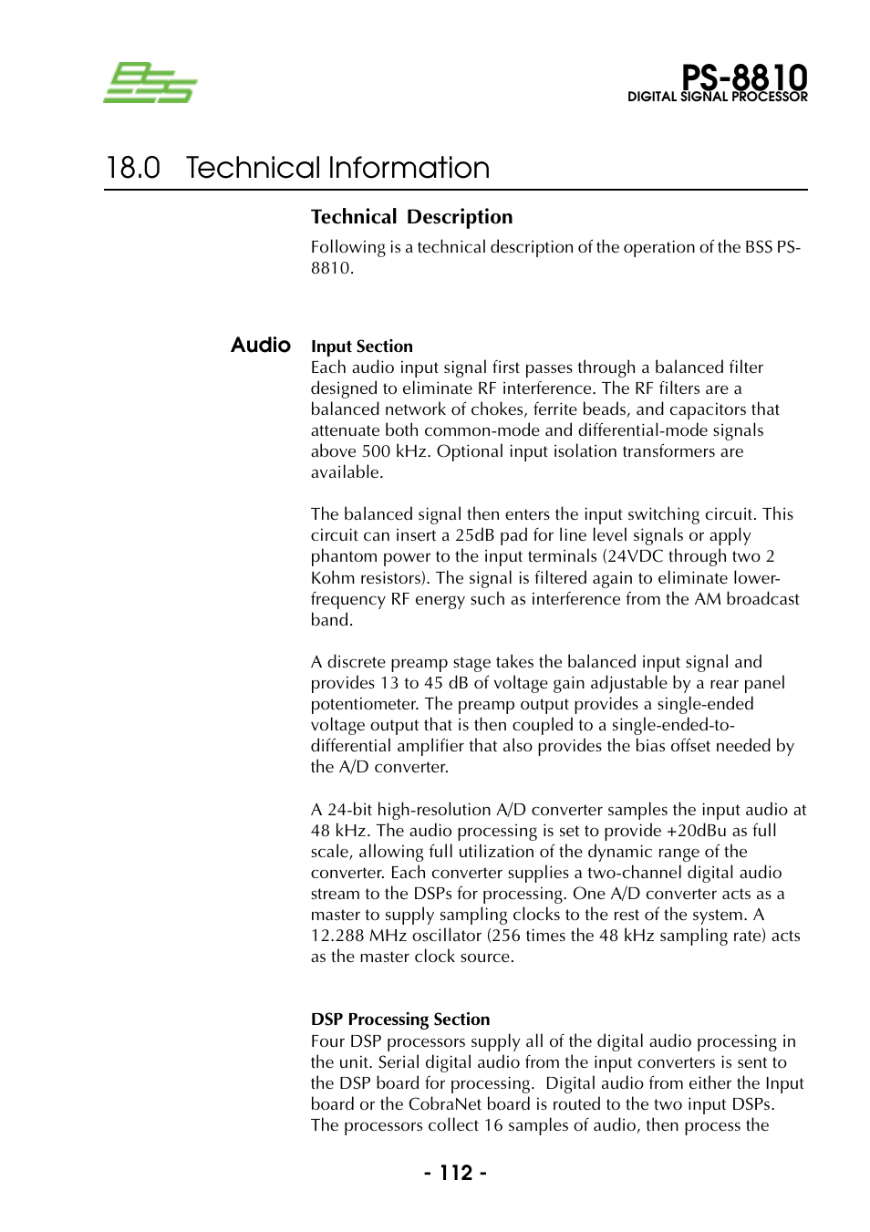 0 technical information, Audio, Input section | Dsp processing section, Input section dsp processing section, Ps-8810 | BSS Audio Prosys PS-8810 Owner's Manual User Manual | Page 112 / 121