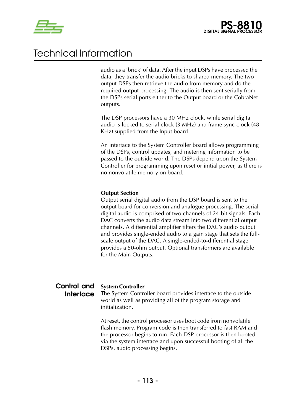 Output section, Ps-8810, Technical information | BSS Audio Prosys PS-8810 Owner's Manual User Manual | Page 113 / 121